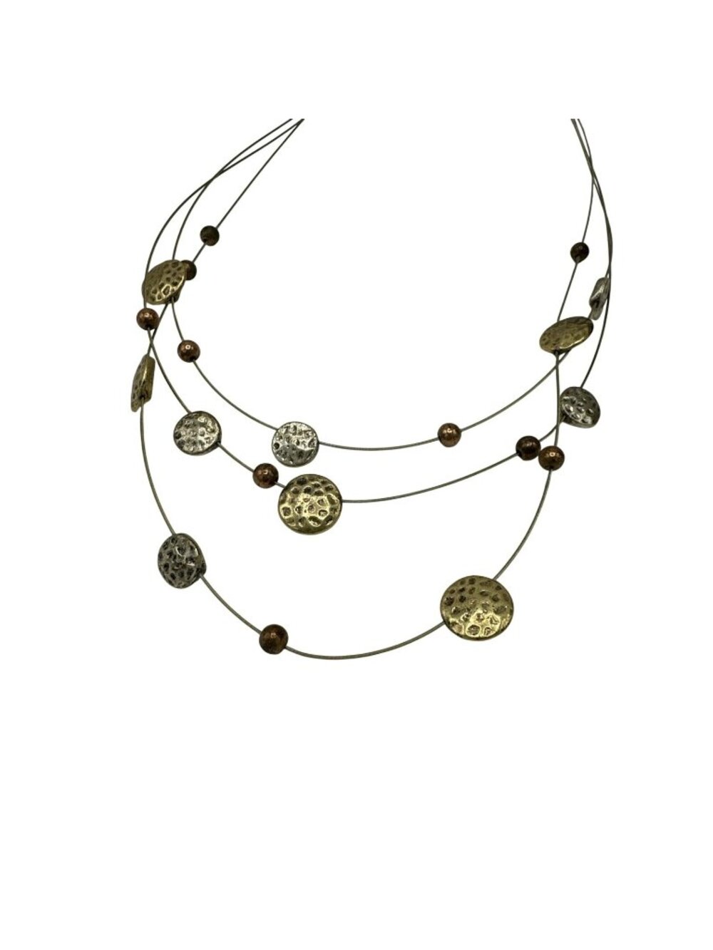 Floating Wire Necklace Medallion Hammered Metal Discs 19" Boho Fashion Jewelry